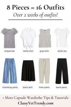 8 Pieces = 16 Outfits: French Minimalist Carry-On Travel Capsule Wardrobe - Classy Yet Trendy Travel Outfits Minimalist, Artistic Summer Outfits, Active Travel Outfits, Germany Travel Outfits Summer, Comfortable Spring Outfits, Plus Size Travel Capsule Wardrobe, Carry On Outfits, Weekend Travel Outfits, 10 Day Travel Wardrobe Summer