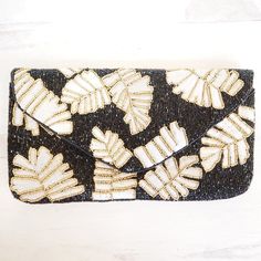 Beaded Black, Gold & White Palm Leaf Handbag - Girl Be Brave Summer Embellished Rectangular Clutch, Summer Beaded Clutch Bag, Summer Embellished Clutch Bag, Summer Beach Beaded Clutch, Embroidered Clutch For Evening In Summer, Palm Leaf Bag, Leaf Bag, Perfect Summer Outfit, Beaded Bags