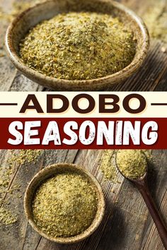 a bowl filled with seasoning next to two spoons on top of a wooden table