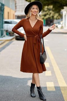 Newshows Womens 2024 Fall Sweater Dress Long Sleeve Business Casual Outfits V Neck Ribbed Knit Belt Trendy with Pockets Knit Belt, Winter Sweater Dresses, Sweater Dress Long, Elegant Sweater, Business Casual Outfits For Women, Long Sweater Dress, Long Sleeve Casual Dress, Early Fall Outfit