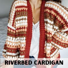 a woman wearing a red and white crocheted cardigan with text overlay that reads, riverbed cardigan