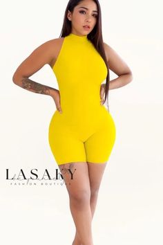 Lasaky - Chic Sleeveless Off-the-Shoulder Form-Fitting Jumpsuit Trendy Yellow Sleeveless Jumpsuit, Chic Yellow Sleeveless Bodysuit, Yellow Fitted Sleeveless Bodysuit, Yellow Sleeveless Casual Bodysuit, Casual Yellow Sleeveless Bodysuit, Sleeveless Stretch Yellow Bodysuit, Yellow Stretch Sleeveless Bodysuit, Fitted Jumpsuit, Short Waist