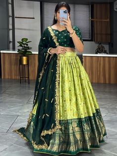 Green Lehenga With Contrast Blouse, Pista Green Cutdana Lehenga For Navratri, Designer Green Lehenga With Traditional Drape, Green Lehenga With Traditional Drape For Designer Wear, Designer Green Sets For Navratri, Green Cutdana Sets For Navratri, Green Lehenga With Cutdana In Traditional Drape, Green Semi-stitched Choli With Cutdana Details, Green Semi-stitched Cutdana Choli