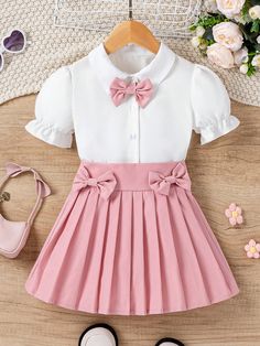 White Cute Collar   Colorblock  Embellished Non-Stretch  Young Girls Clothing Preppy Mode, Skirt Preppy, Preppy Skirt, Bow Tie Collar, Estilo Preppy, Style Preppy, Skirt And Blouse, Girls Clothing