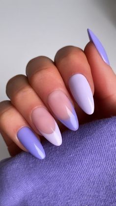 Short Almond Acrylic Nails Lavender, Plain Lavender Nails, 2 Tone Purple Nails, Lilac Nail Designs Lavender, Dental Nails, Light Purple And White Nails, Nails Acrylic Purple Lavender, Nail Ideas Purple Lavender, Purple Nail Designs Simple