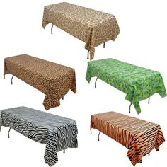 the table cloths are all different colors and patterns, but one is leopard print