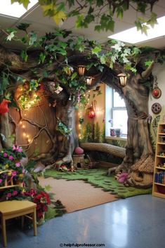 an indoor play area with trees and plants on the walls, carpeted flooring and rugs