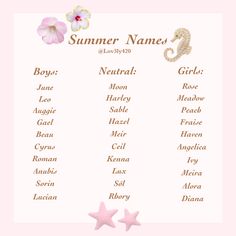 a pink and white sign that says summer names with two seahorses on it