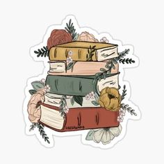 stack of books with flowers and leaves sticker