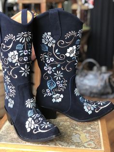 Cowgirl Floral Daze Tall Boot in Navy Blue Cowgirl Boots, Blue Suede Boots, Tall Boot, White Embroidery, Blue Suede