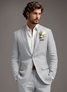 StudioSuits- Italian Zod Light Gray Linen Jacket Light Grey Suits Wedding, Gray Groomsmen Suits, Suit For Men Wedding, Groom Suit Grey, Groomsmen Grey, Grey Suit Wedding