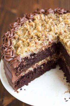 there is a chocolate cake on the plate with one slice cut out and ready to be eaten