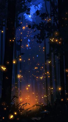 fireflies flying in the night sky over a forest