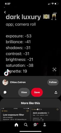 an iphone screen showing the dark luxury app, which is being used by people to take pictures