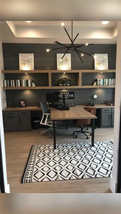 a home office with black and white decor