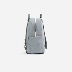 a gray backpack with pink trims on the front and side pockets, sitting against a white background