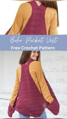 a woman wearing a crochet vest with the text, boho - poofet vest free crochet pattern