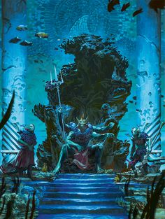 an image of a giant monster sitting on top of a throne in the middle of water