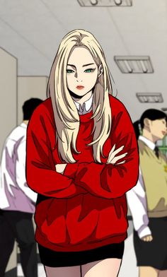 an anime character with long blonde hair wearing a red sweater and black skirt, standing in front of other people