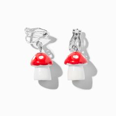 Rock these sassy mushrooms with no piercing required. The clip-ons have red mushrooms with white heart dots. Finish: Silver-tone Drop: 1 in. / 2.54 cm. Closure: Clip on Material: Metal - Claire's Red Mushroom Clip-On Drop Earrings Fairycore Fashion, Red Mushrooms, Anime Earrings, Red Mushroom, Fashionable Jewelry, Aesthetic Themes, Jewelry And Accessories, White Heart, Metal Style