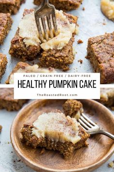 a piece of healthy pumpkin cake on a wooden plate with a fork in the middle