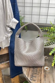 Carly Bag Silver Handbags Atlanta/Susie Bucket Pouch Bag With Braided Handles For Errands, Hobo Bag With Braided Handles, Silver Bucket Bag For Everyday, Silver Bucket Bag For Everyday Use, Everyday Silver Bucket Bags, Silver Bucket Bags For Everyday, Shipping Packages, Woven Handbags, Inside Bag