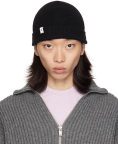 Rib knit stretch virgin wool-blend beanie in black. Logo flag at rolled brim. Supplier color: Black Black Wool Beanie Cap, Classic Black Wool Beanie, Black Wool Beanie For Fall, Black Logo, Jil Sander, Merino Wool, Rib Knit, Apparel Accessories, Wool Blend