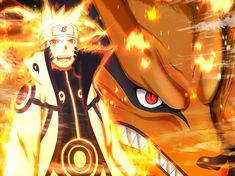 two anime characters are facing each other in front of an orange and yellow background with flames