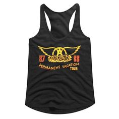 Aerosmith Permanent Vacation Tour 87-88 Women's Racerback Tank Top by American Classics If it feels like Aerosmith has been around forever, they kinda have! Formed in Boston in 1970, Steven Tyler & Co have churned out hit after hit on 15 successful studio albums - so successful that that Aerosmith are the best-selling American rock band of all time selling over 150 million albums (and counting)! They have won countless awards (4 Grammys, 6 AMA's, 10 MTV VMA's) - but who's counting at this point! Summer Grunge Tops With Back Print, Punk Style Band Logo Tops For Summer, Summer Concert Tops With Band Logo, Pre-shrunk Punk Summer Tops, Summer Band Merch Tank Top For Concerts, Band Merch Tops With Back Print For Concerts, Summer Band Merch Tank Top, Punk Style Fan Merchandise Tops For Summer, Rock And Roll Style Tops For Summer Music Festival