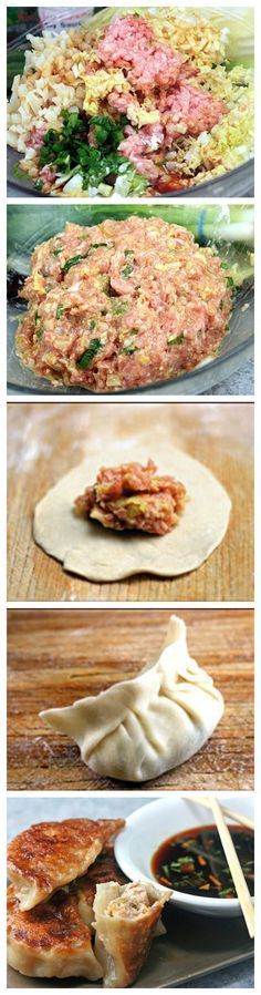 three different pictures of food being prepared on plates