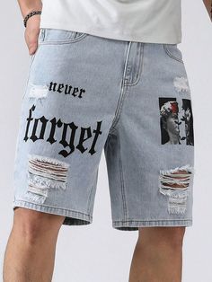 Shorts de mezclilla rasgados con gráficos de letras para hombre plus Lavado ligero    Mezclilla Figuras,Letras Bermuda No-Elástico  Men Plus Size Clothing, size features are:Bust: ,Length: ,Sleeve Length: Men’s Jean Shorts, Jeans Shorts Outfit Men, Mens Jean Shorts Outfits, Jean Shorts Men Outfit, Denim Jeans Outfit Men, Streetwear Jeans Men, Mens Jeans Fashion, Distressed Jorts