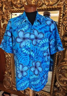 "This beautiful mens Hawaiian shirt is from the 70's.  Made of a thicker polyester.  The pattern features large flowers outlined in a metallic gold. The gold is faint in some areas but the rest of the colors are still vibrant.  There is no label inside.  Please see the measurements below for a proper fit.  I believe this would fit a XL/2X no problem.  All sales are final. Measurements Armpit-armpit doubled 50\" Shoulder 19\" Length 32\"" Flower Outline, Blue Hawaiian, Mod Dress, Halter Maxi Dresses, Mens Hawaiian Shirts, Aloha Shirt, Mens Oxfords, Beautiful Blouses, Blue Satin