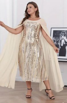 Elegant Sequin Plus Size Slim Dress Cape Sleeve Dress Party Dress, Brides Made  | eBay Dress Cape Sleeve, Cape Sleeve Dress, Dress Cape, Apricot Color, Embellished Maxi Dress, Slim Dress, Cape Sleeves, Cape Dress, Slim Dresses