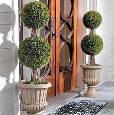 three potted plants are on the front porch with an entrance mat and doormat