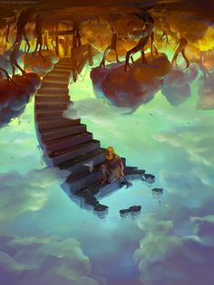 a man sitting on top of a stairway in the middle of a cloud filled sky