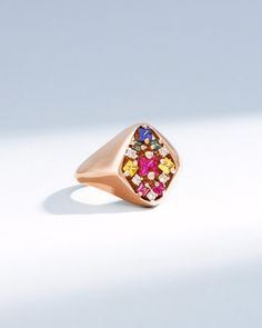 Suzanne Kalan La Fantaisie Star Rainbow Sapphire Signet Ring in 18k rose gold Elegant Multicolor Rings With Rose Cut Diamonds, Rose Gold Multi-stone Cubic Zirconia Ring, Fine Jewelry Rose Gold Rings With Sparkling Stones, Fine Jewelry Rose Gold Signet Ring With Gemstone, Multi-stone Rose Gold Diamond Ring Gift, Sapphire Signet Ring, Rainbow Sapphires, Sparkling Rings, Ruby Sapphire