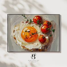 a painting of tomatoes and an egg on a plate