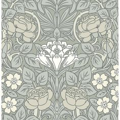 an intricately designed wallpaper with flowers and leaves in grey, beige and white