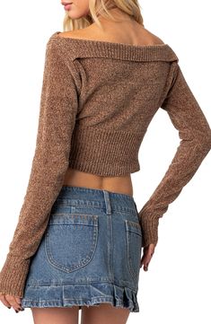 This sleek shoulder-baring sweater is knit in a cool cropped silhouette. Off-the-shoulder neck Long sleeves with thumbhole cuffs Ribbed cuffs and hem 100% polyester Machine wash, dry flat Imported Ribbed Stretch Crop Top For Fall, Fall Off-shoulder Fitted Sweater, Fall Fitted Off-shoulder Sweater, Fitted Off-shoulder Fall Sweater, Fall Cropped Sweater, Fitted Off-shoulder Winter Sweater, Stretch Knit Crop Top For Fall, Winter Off-shoulder Fitted Crop Top, Winter Fitted Off-shoulder Crop Top