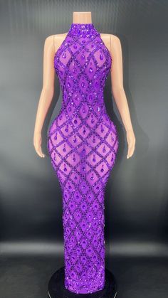 2-3 weeks processing and shipping time You'll be the center of attention in this sheer dress dripping in rhinestones and featuring a coordinating sequin crisscross pattern. Available in multiple colors! Perfect for your special night! Material: mesh Care: hand wash High Neck Evening Dress, Transparent Dress, Rhinestone Dress, Purple Rhinestone, Festival Dress, Mermaid Dresses, Sheer Dress, Color Rosa, Birthday Dresses