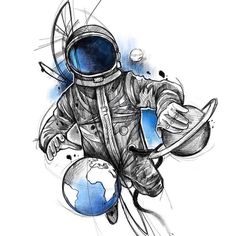 a drawing of an astronaut flying through the air with a globe in front of him