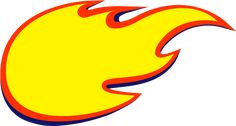 a yellow and blue fireball with red flames on the bottom, against a white background