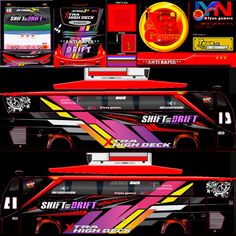 the front and back side of a bus with colorful graphics on it's sides