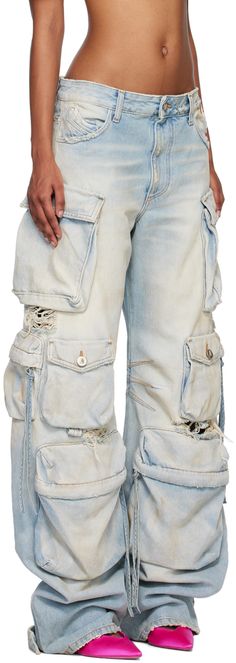 Non-stretch denim cargo-style jeans. Distressing and fading throughout. · Belt loops · Five-pocket styling · Zip-fly · Cargo pocket at front and outseams · Adjustable press-stud tab at cuffs · Darts at inseams · Logo embroidered at back · Logo-engraved antiqued silver-tone hardware Supplier color: Light blue denim The Attico Cargo Jeans, Attico Cargo Jeans, Outcast Jeans, Blue Fern, Doll Closet, Outfit Pieces, Denim Cargo, Scene Design, Cargo Style