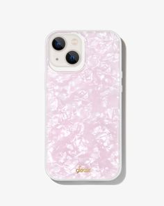 a pink phone case with an iphone logo on the front and back cover in gold foil