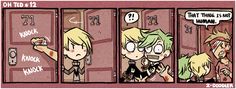 the comic strip shows two people in lockers, one with blonde hair and another with green eyes