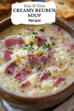 a bowl of creamy soup with ham and cheese