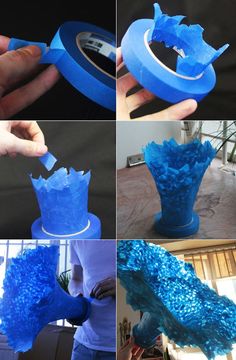 the process of making a blue vase out of toilet paper