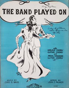 an advertisement for the band played on, with a man and woman dancing in white dress