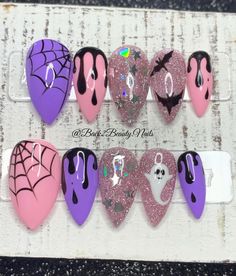 Pink and Purple Halloween Nails/ Handmade Reusable Press on Nails/ Cute and Spooky Nails - Etsy UK Cutest Halloween Nails, Horror Stilleto Nails, Halloween Fairy Nails, Pastel Witch Nails, Goth Disney Nails, Teal Halloween Nails, Pink And Purple Halloween Nails, Purple Halloween Nail Designs, Pink And Purple Halloween